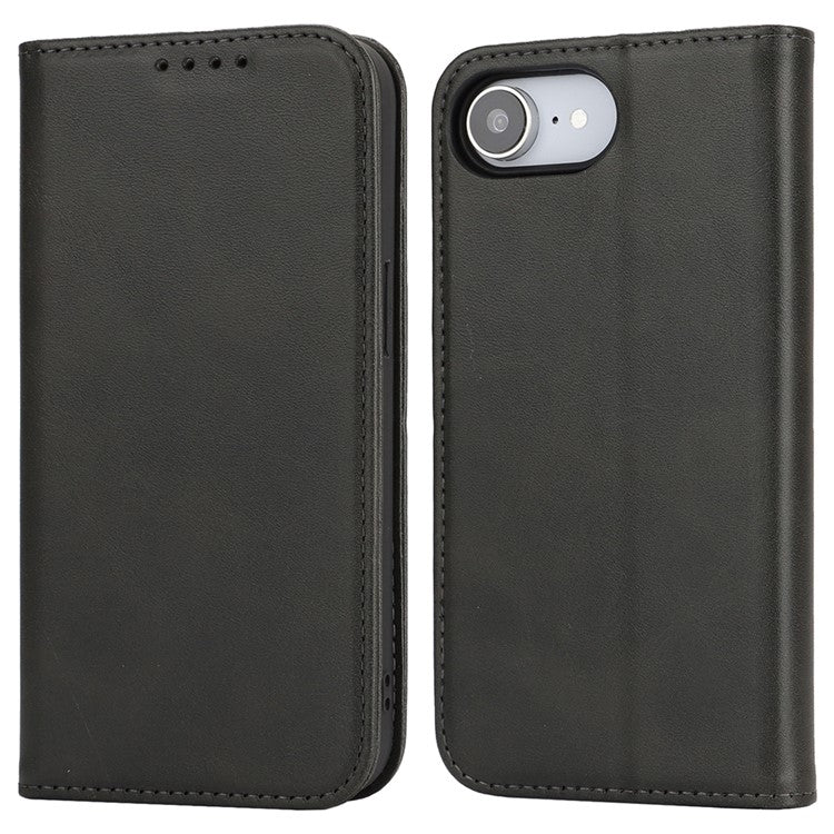 For iPhone 16e Case PU Leather Calf Textured Magnetic Closing Smart Phone Cover - Black