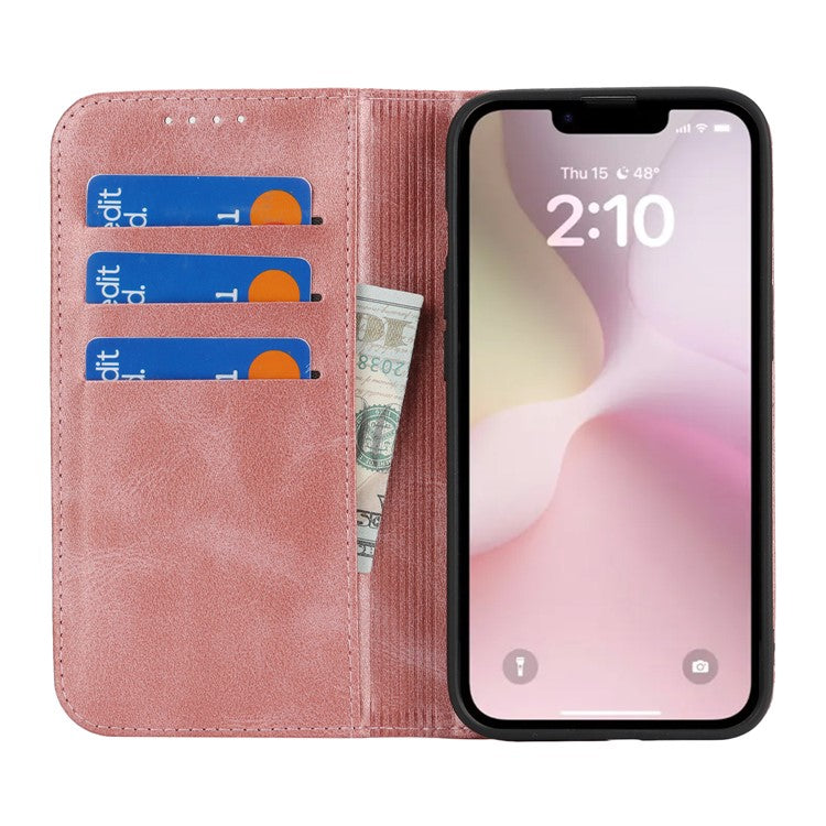 For iPhone 16e Case PU Leather Calf Textured Magnetic Closing Smart Phone Cover - Rose Gold