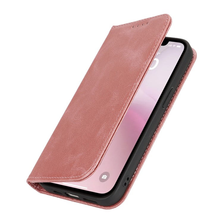 For iPhone 16e Case PU Leather Calf Textured Magnetic Closing Smart Phone Cover - Rose Gold