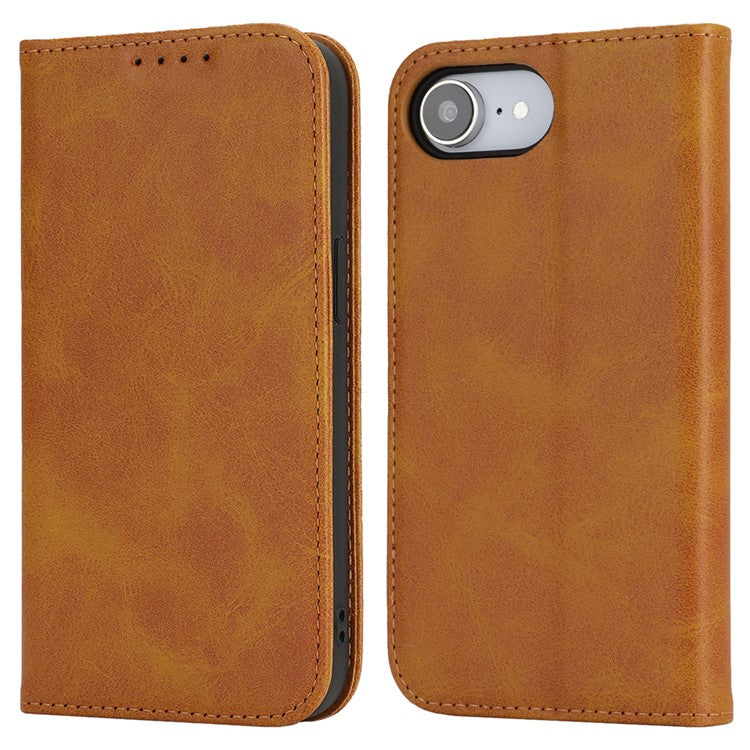 For iPhone 16e Case PU Leather Calf Textured Magnetic Closing Smart Phone Cover - Light Brown