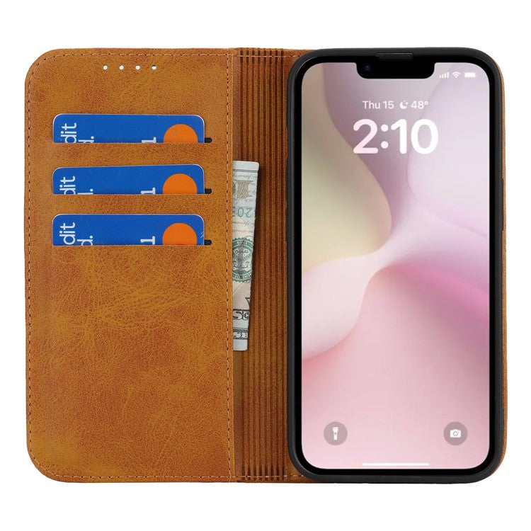 For iPhone 16e Case PU Leather Calf Textured Magnetic Closing Smart Phone Cover - Light Brown