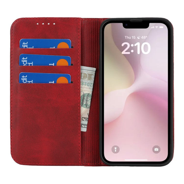 For iPhone 16e Case PU Leather Calf Textured Magnetic Closing Smart Phone Cover - Red