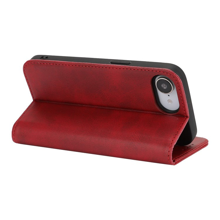 For iPhone 16e Case PU Leather Calf Textured Magnetic Closing Smart Phone Cover - Red