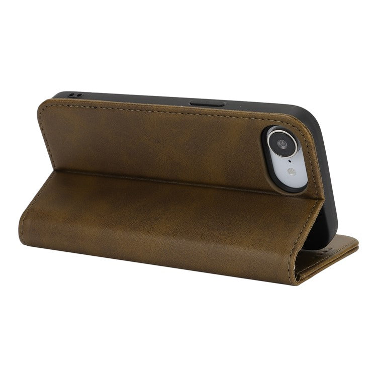 For iPhone 16e Case PU Leather Calf Textured Magnetic Closing Smart Phone Cover - Dark Green