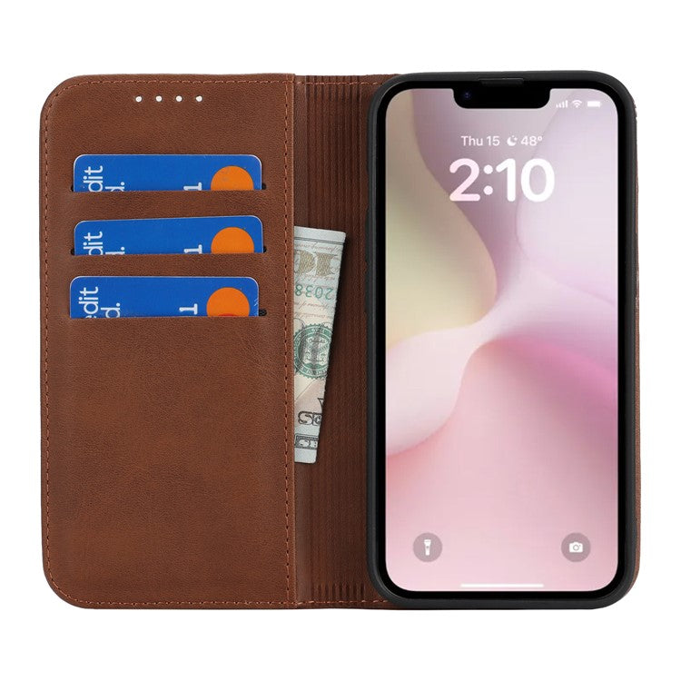 For iPhone 16e Case PU Leather Calf Textured Magnetic Closing Smart Phone Cover - Dark Brown