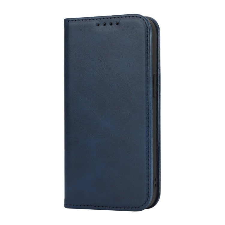 For iPhone 16e Case PU Leather Calf Textured Magnetic Closing Smart Phone Cover - Dark Blue