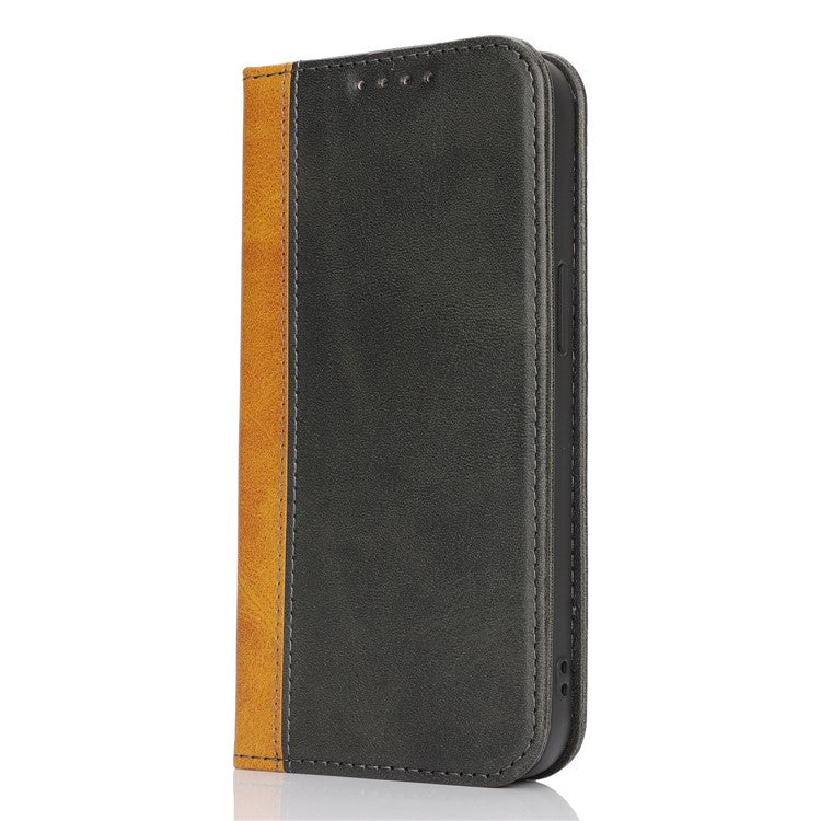 For iPhone 16e Case Calf Texture 3 Card Slots Color Splicing Leather Phone Cover - Black + Yellow