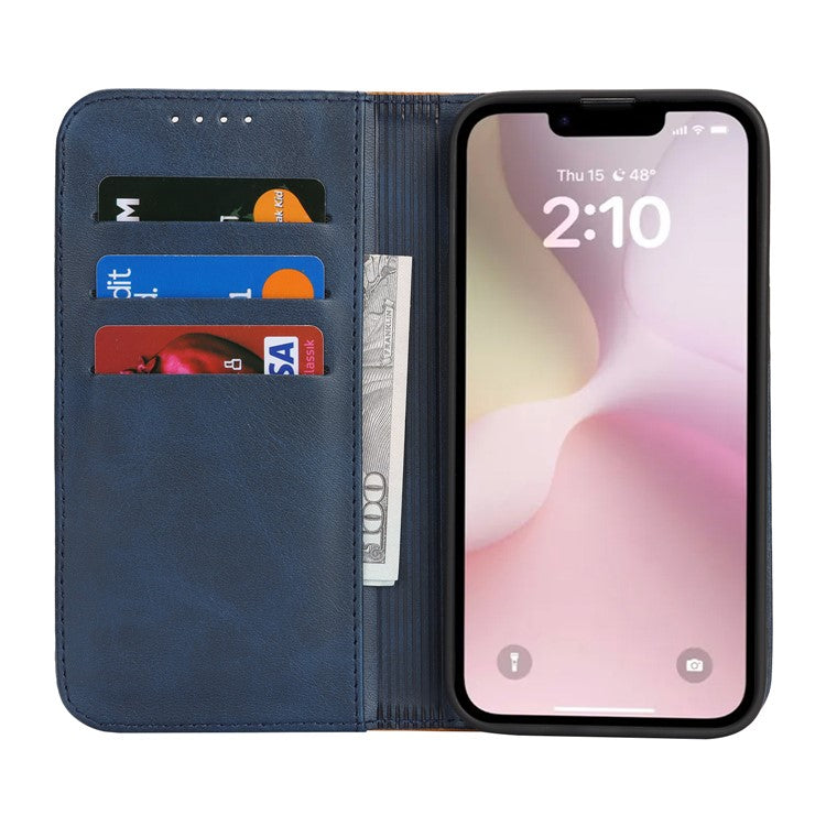 For iPhone 16e Case Calf Texture 3 Card Slots Color Splicing Leather Phone Cover - Blue + Yellow