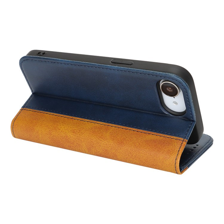 For iPhone 16e Case Calf Texture 3 Card Slots Color Splicing Leather Phone Cover - Blue + Yellow
