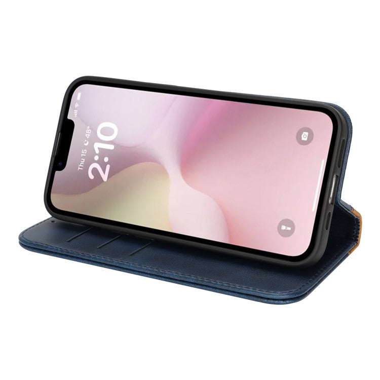 For iPhone 16e Case Calf Texture 3 Card Slots Color Splicing Leather Phone Cover - Blue + Yellow