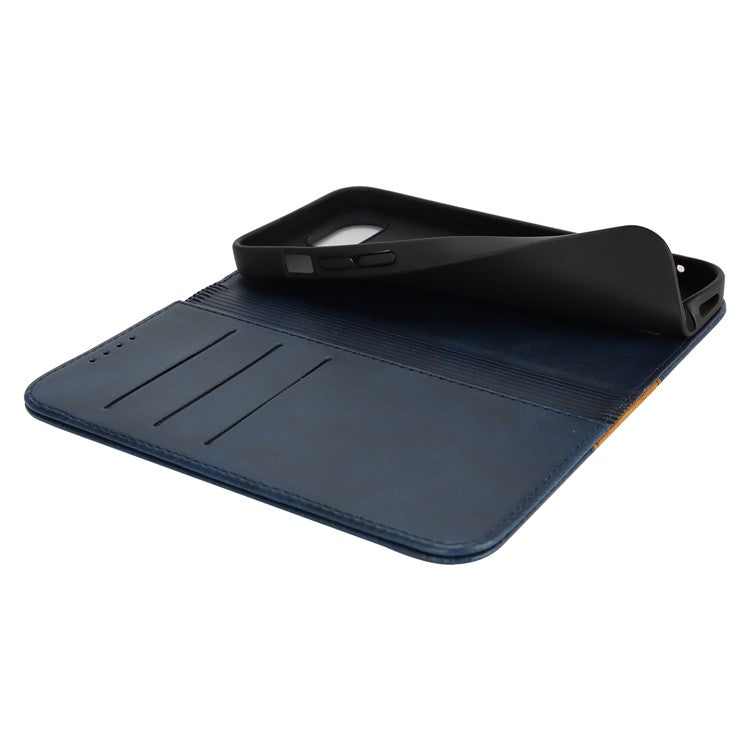 For iPhone 16e Case Calf Texture 3 Card Slots Color Splicing Leather Phone Cover - Blue + Yellow