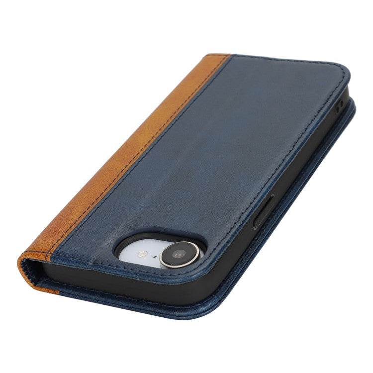 For iPhone 16e Case Calf Texture 3 Card Slots Color Splicing Leather Phone Cover - Blue + Yellow