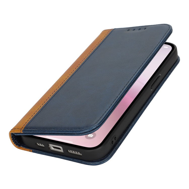 For iPhone 16e Case Calf Texture 3 Card Slots Color Splicing Leather Phone Cover - Blue + Yellow