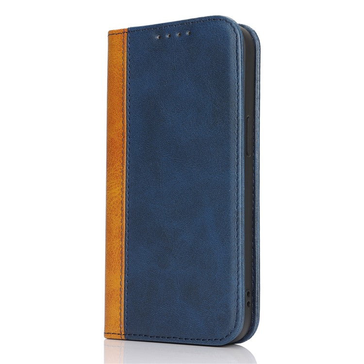 For iPhone 16e Case Calf Texture 3 Card Slots Color Splicing Leather Phone Cover - Blue + Yellow