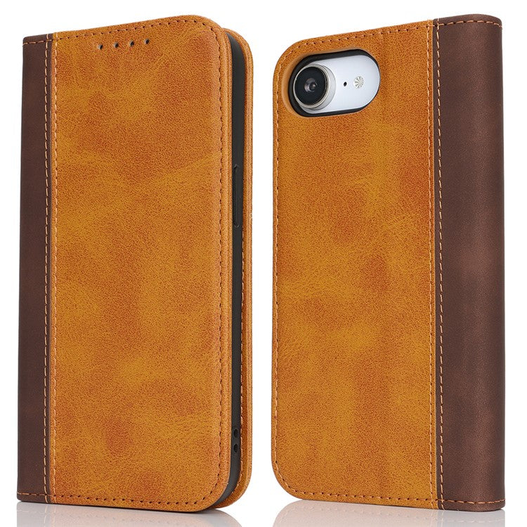 For iPhone 16e Case Calf Texture 3 Card Slots Color Splicing Leather Phone Cover - Yellow + Brown
