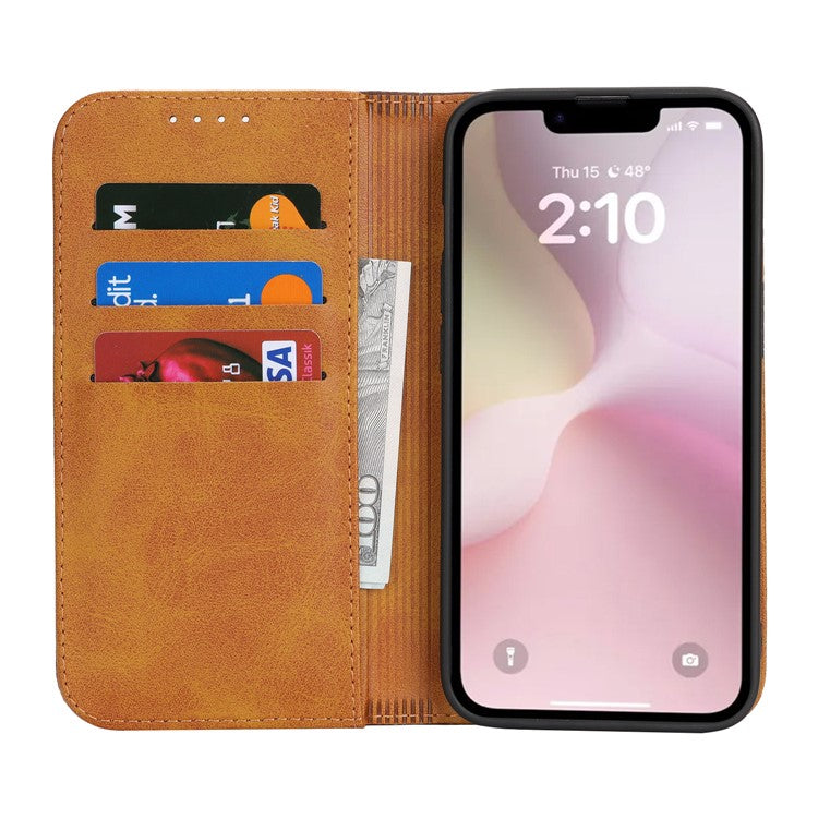 For iPhone 16e Case Calf Texture 3 Card Slots Color Splicing Leather Phone Cover - Yellow + Brown