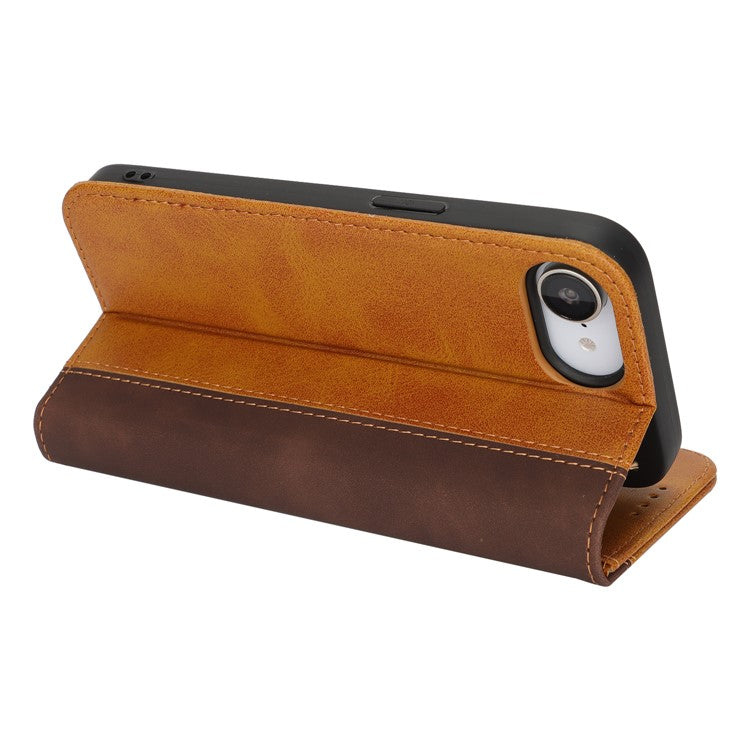 For iPhone 16e Case Calf Texture 3 Card Slots Color Splicing Leather Phone Cover - Yellow + Brown