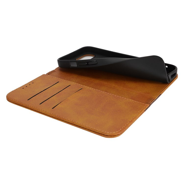 For iPhone 16e Case Calf Texture 3 Card Slots Color Splicing Leather Phone Cover - Yellow + Brown