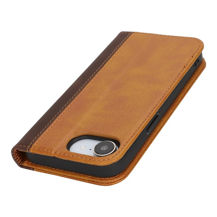 For iPhone 16e Case Calf Texture 3 Card Slots Color Splicing Leather Phone Cover - Yellow + Brown