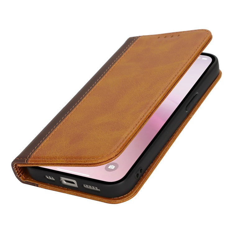 For iPhone 16e Case Calf Texture 3 Card Slots Color Splicing Leather Phone Cover - Yellow + Brown
