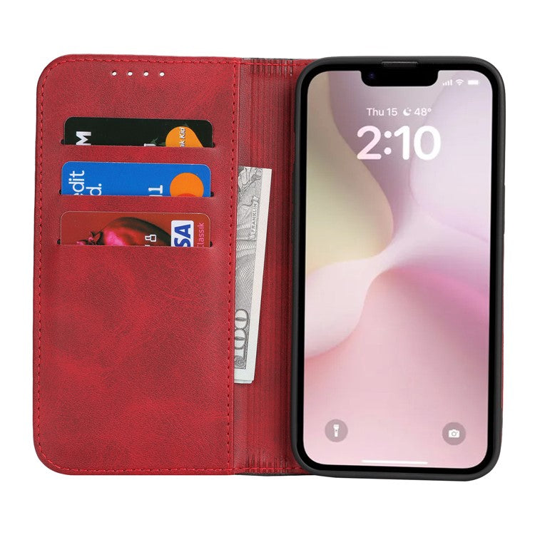 For iPhone 16e Case Calf Texture 3 Card Slots Color Splicing Leather Phone Cover - Red + Black