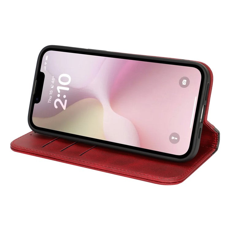 For iPhone 16e Case Calf Texture 3 Card Slots Color Splicing Leather Phone Cover - Red + Black