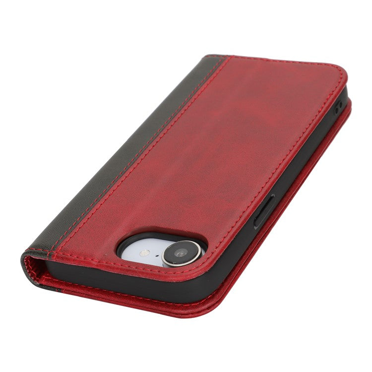 For iPhone 16e Case Calf Texture 3 Card Slots Color Splicing Leather Phone Cover - Red + Black