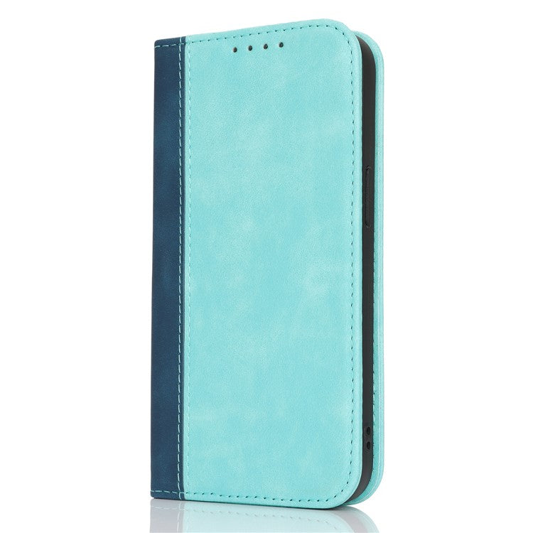 For iPhone 16e Case Calf Texture 3 Card Slots Color Splicing Leather Phone Cover - Light Blue + Dark Blue