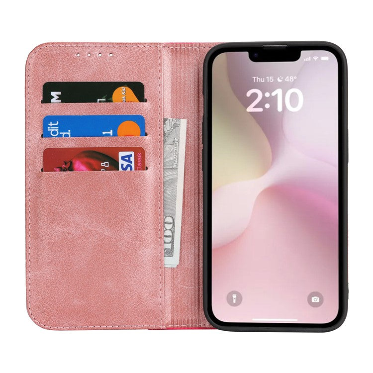 For iPhone 16e Case Calf Texture 3 Card Slots Color Splicing Leather Phone Cover - Rose Gold + Rose