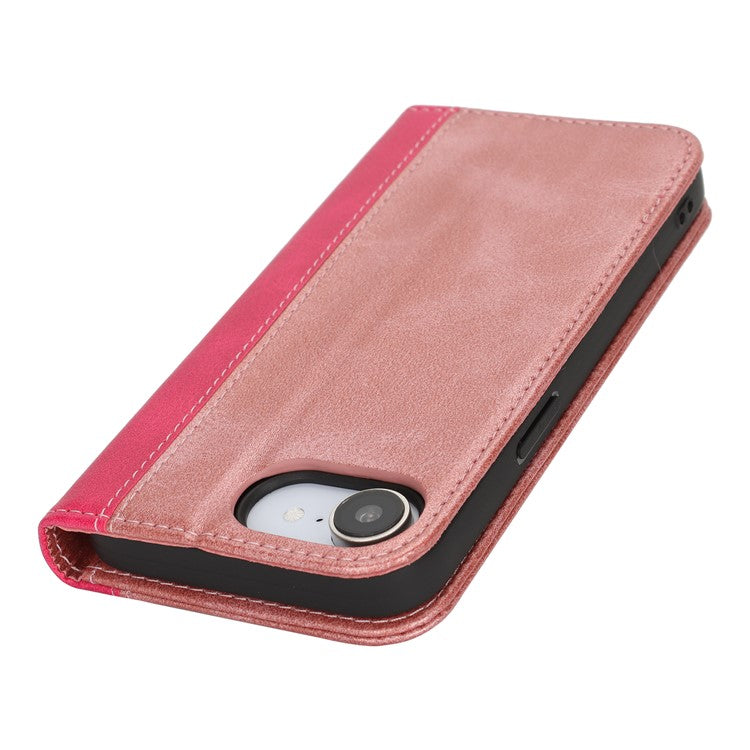 For iPhone 16e Case Calf Texture 3 Card Slots Color Splicing Leather Phone Cover - Rose Gold + Rose