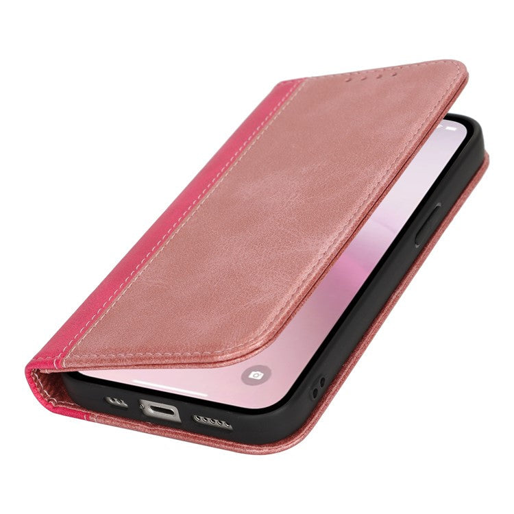 For iPhone 16e Case Calf Texture 3 Card Slots Color Splicing Leather Phone Cover - Rose Gold + Rose