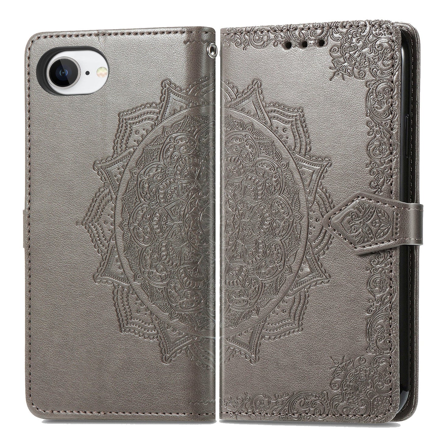 For iPhone 16e Wallet Case Mandala Flower Leather Phone Cover Stand - Grey
