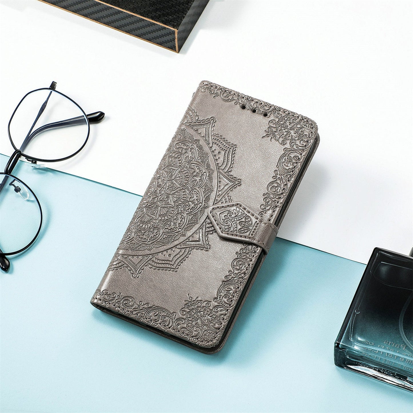 For iPhone 16e Wallet Case Mandala Flower Leather Phone Cover Stand - Grey