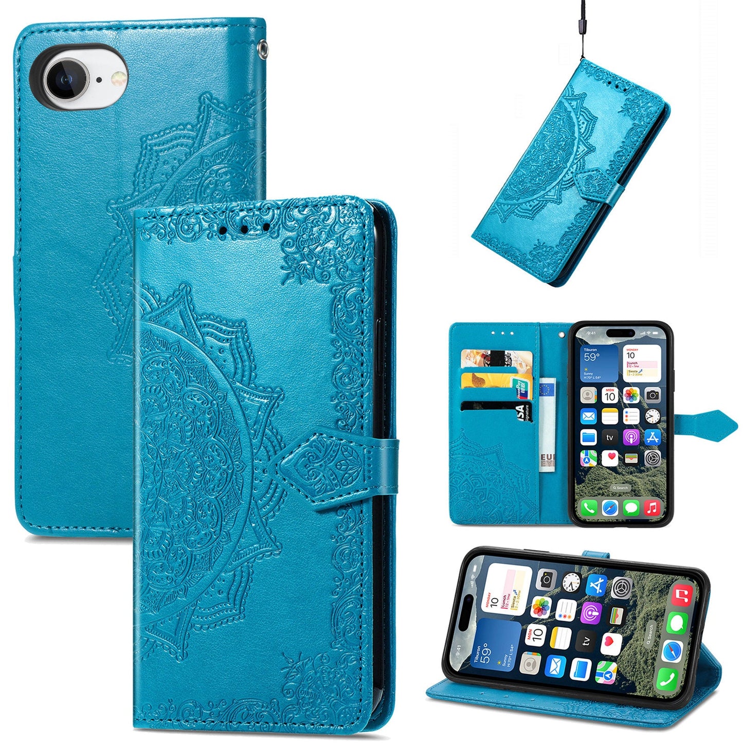 For iPhone 16e Wallet Case Mandala Flower Leather Phone Cover Stand - Blue