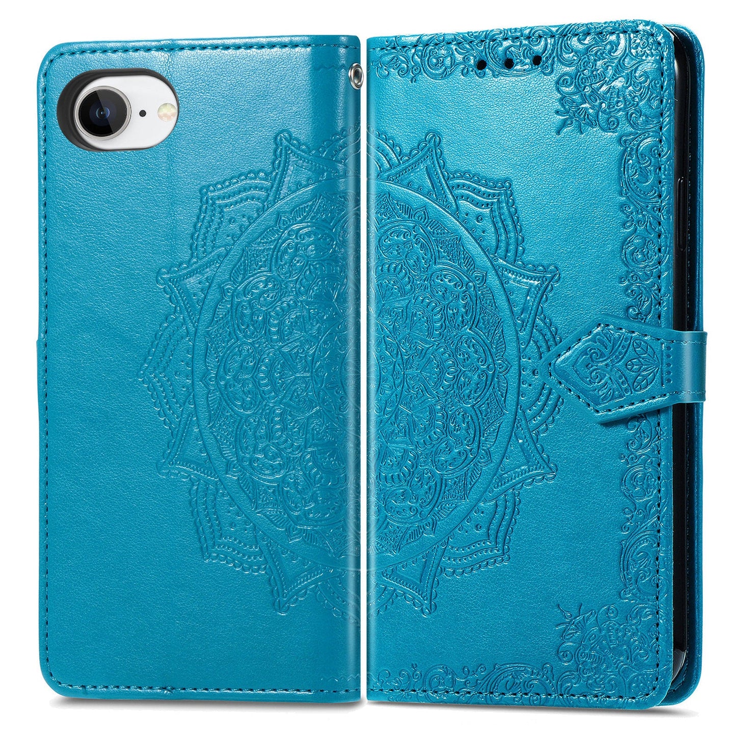 For iPhone 16e Wallet Case Mandala Flower Leather Phone Cover Stand - Blue