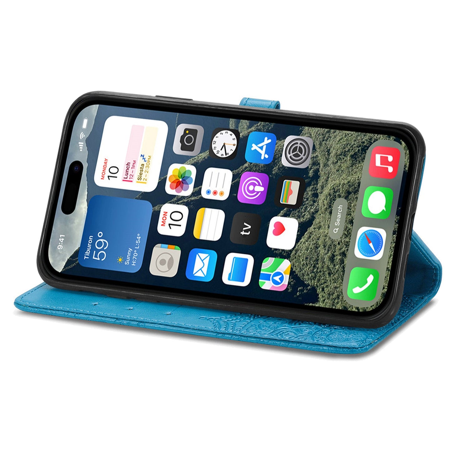 For iPhone 16e Wallet Case Mandala Flower Leather Phone Cover Stand - Blue