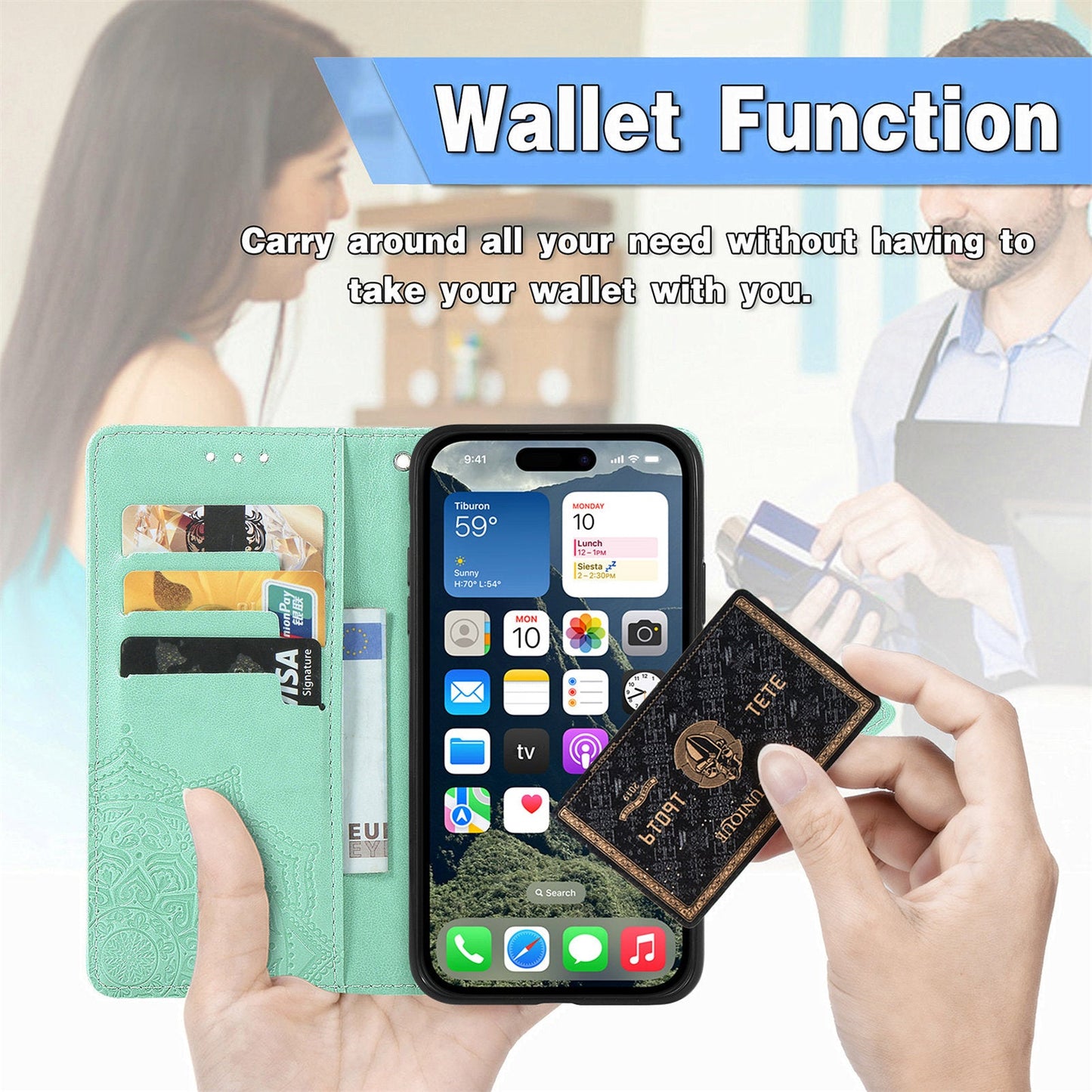 For iPhone 16e Wallet Case Mandala Flower Leather Phone Cover Stand - Green