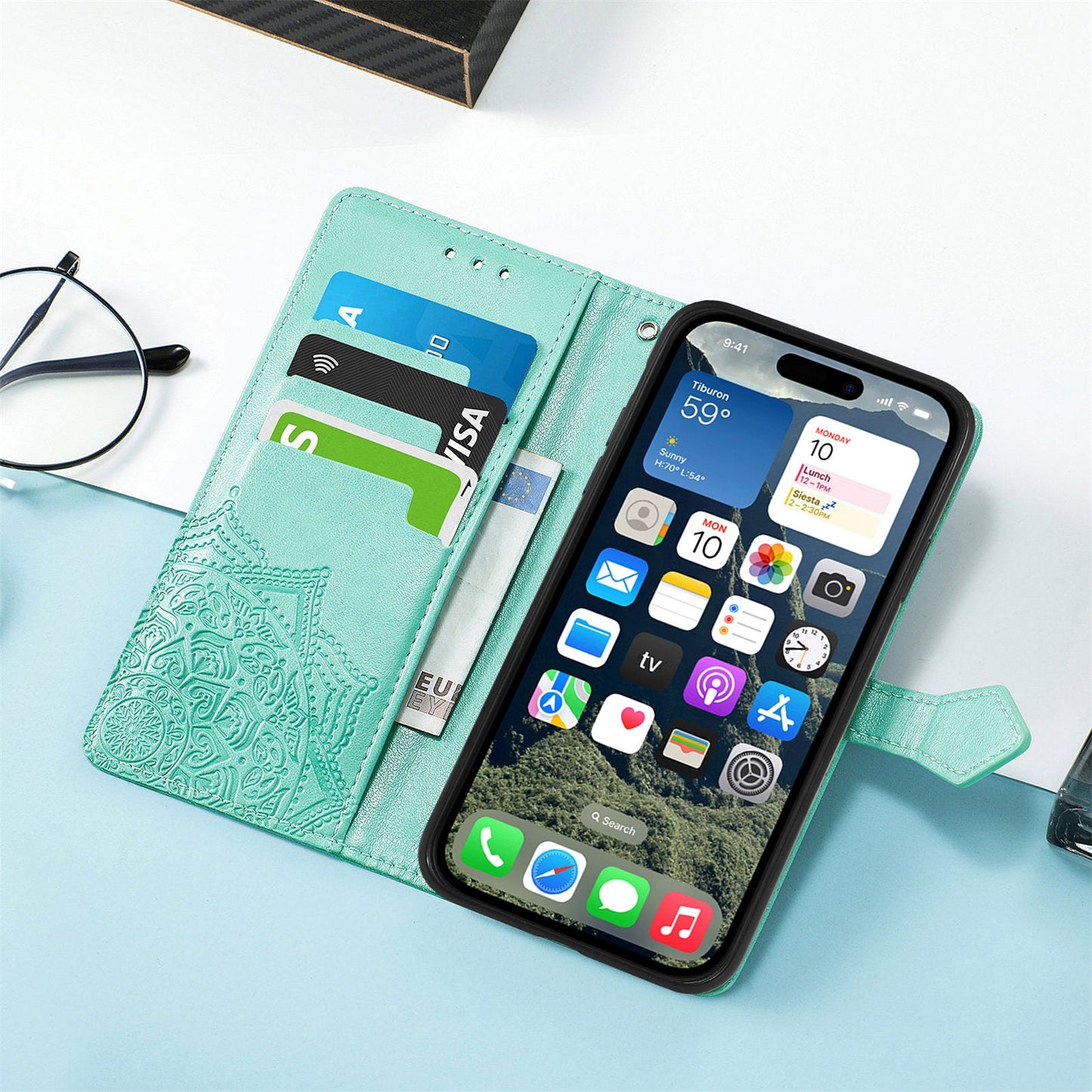 For iPhone 16e Wallet Case Mandala Flower Leather Phone Cover Stand - Green