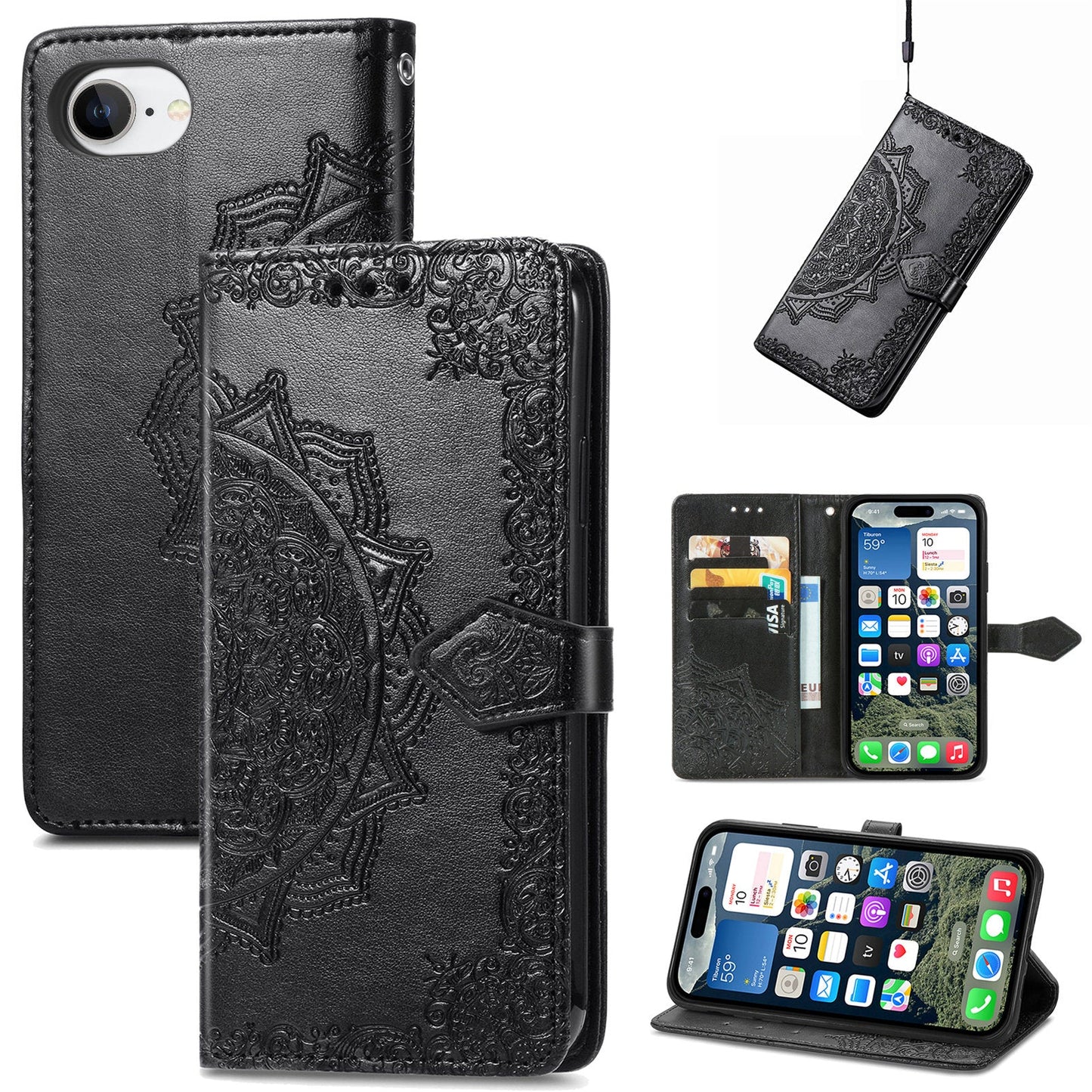 For iPhone 16e Wallet Case Mandala Flower Leather Phone Cover Stand - Black