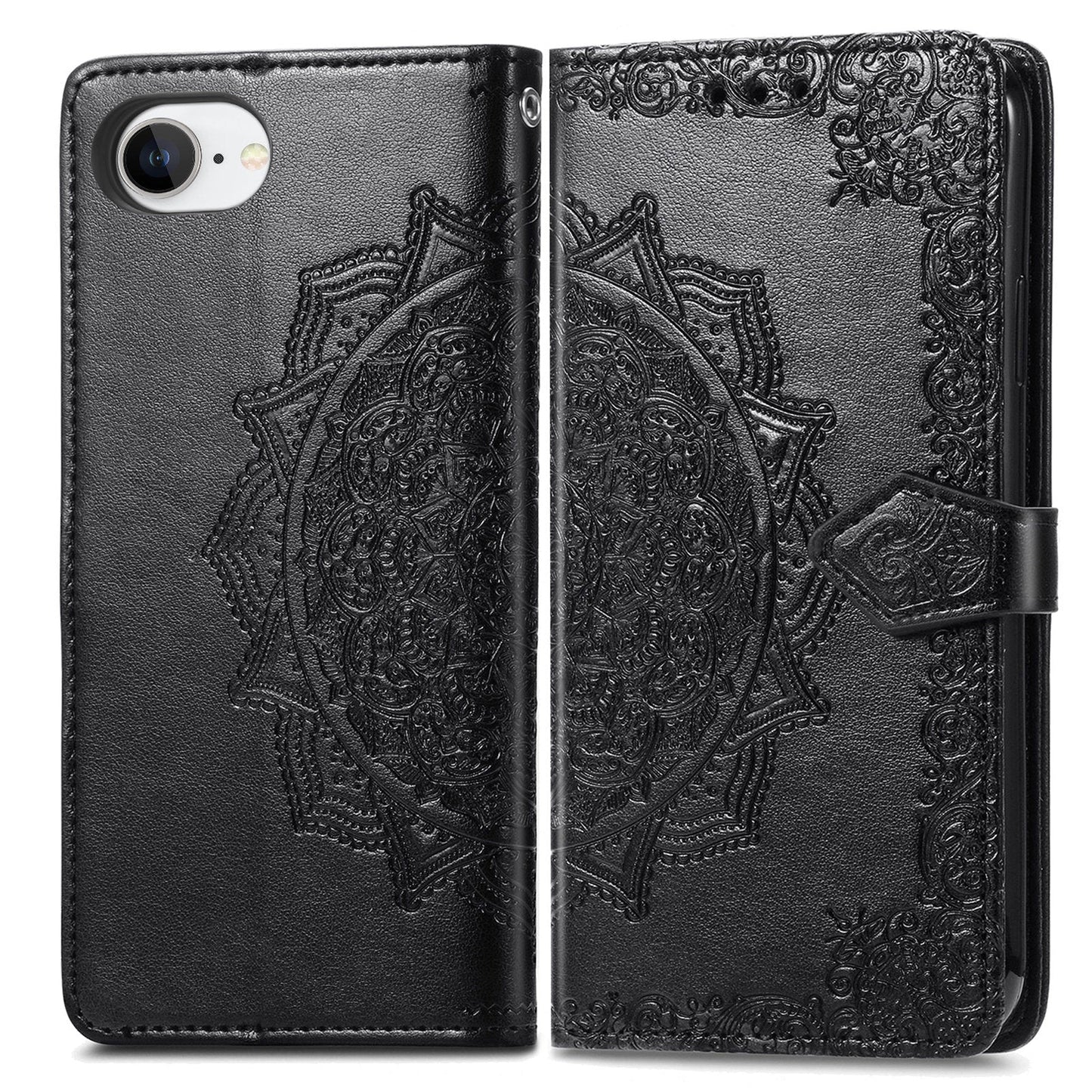 For iPhone 16e Wallet Case Mandala Flower Leather Phone Cover Stand - Black