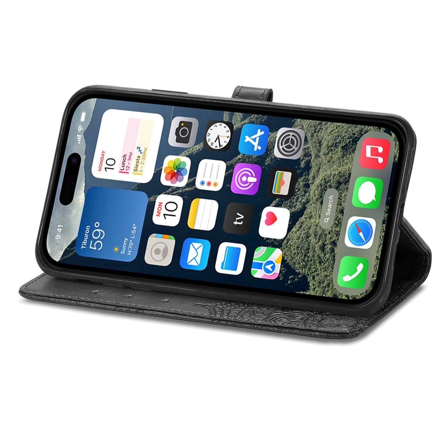 For iPhone 16e Wallet Case Mandala Flower Leather Phone Cover Stand - Black