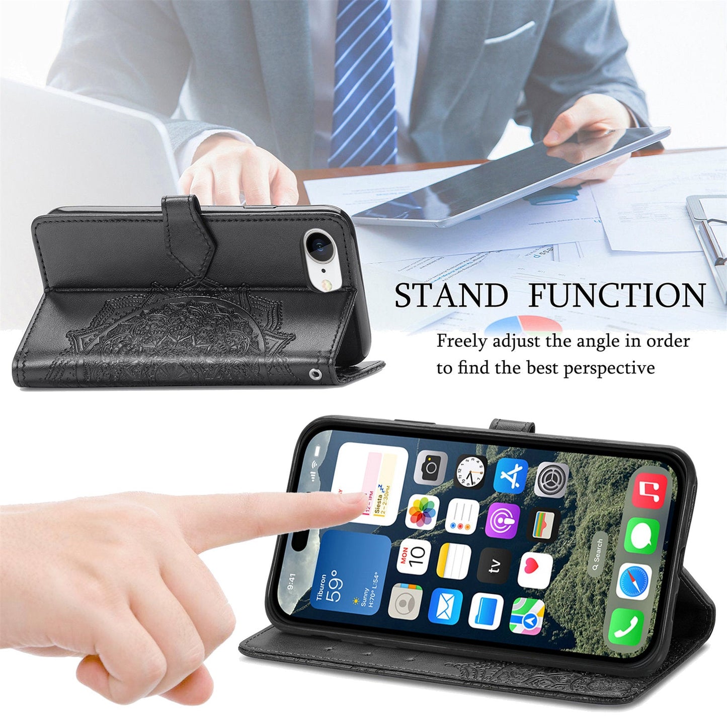 For iPhone 16e Wallet Case Mandala Flower Leather Phone Cover Stand - Black