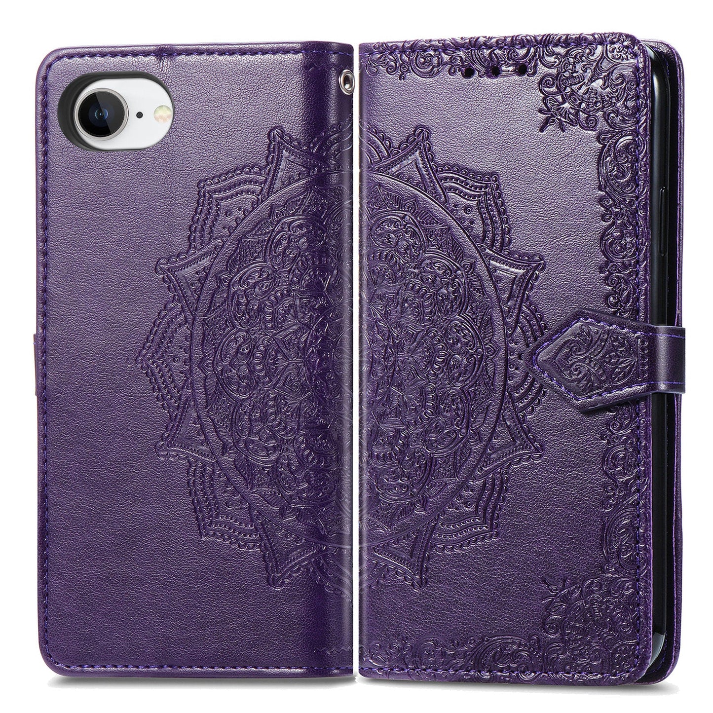 For iPhone 16e Wallet Case Mandala Flower Leather Phone Cover Stand - Purple