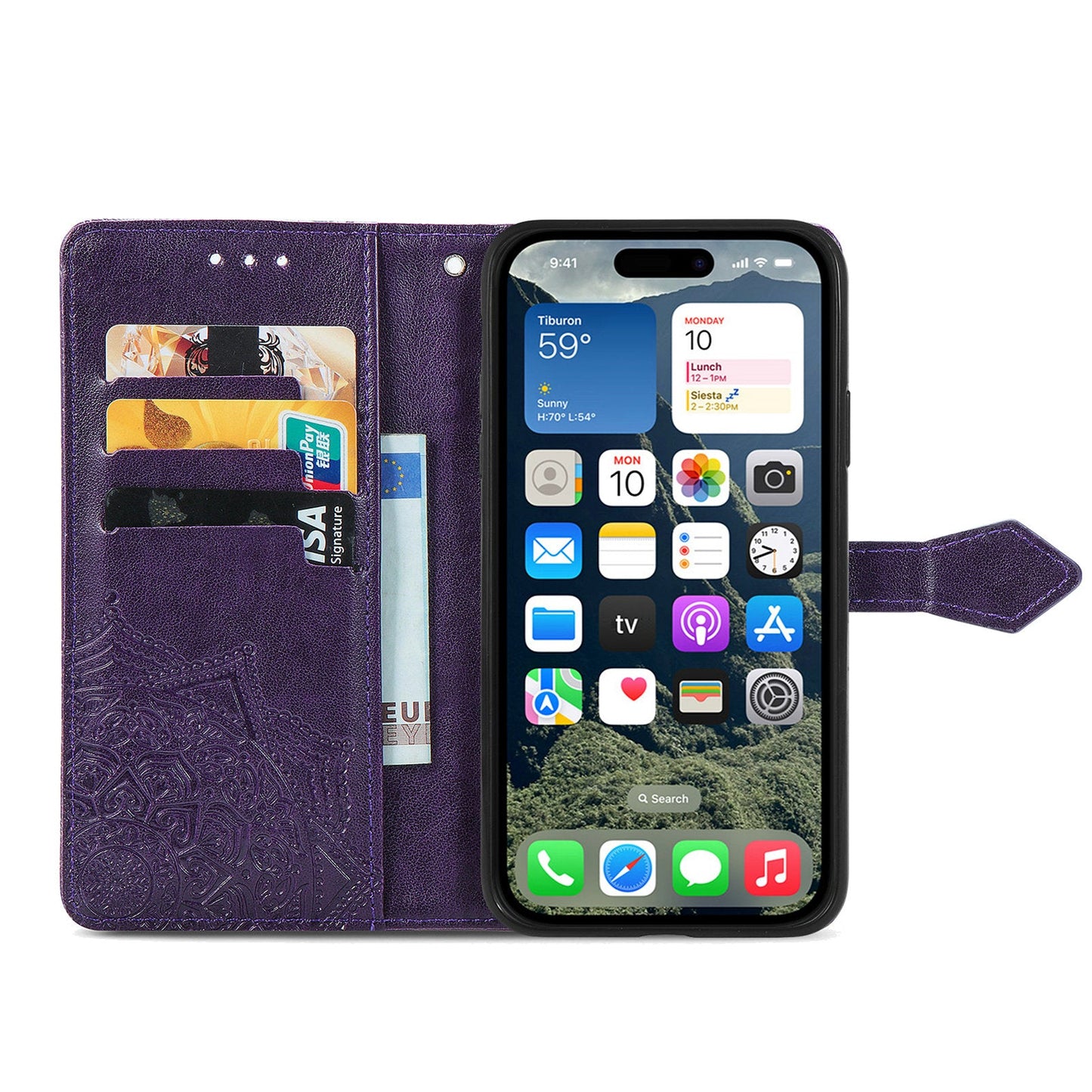 For iPhone 16e Wallet Case Mandala Flower Leather Phone Cover Stand - Purple