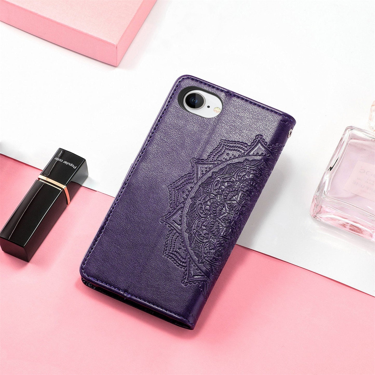 For iPhone 16e Wallet Case Mandala Flower Leather Phone Cover Stand - Purple