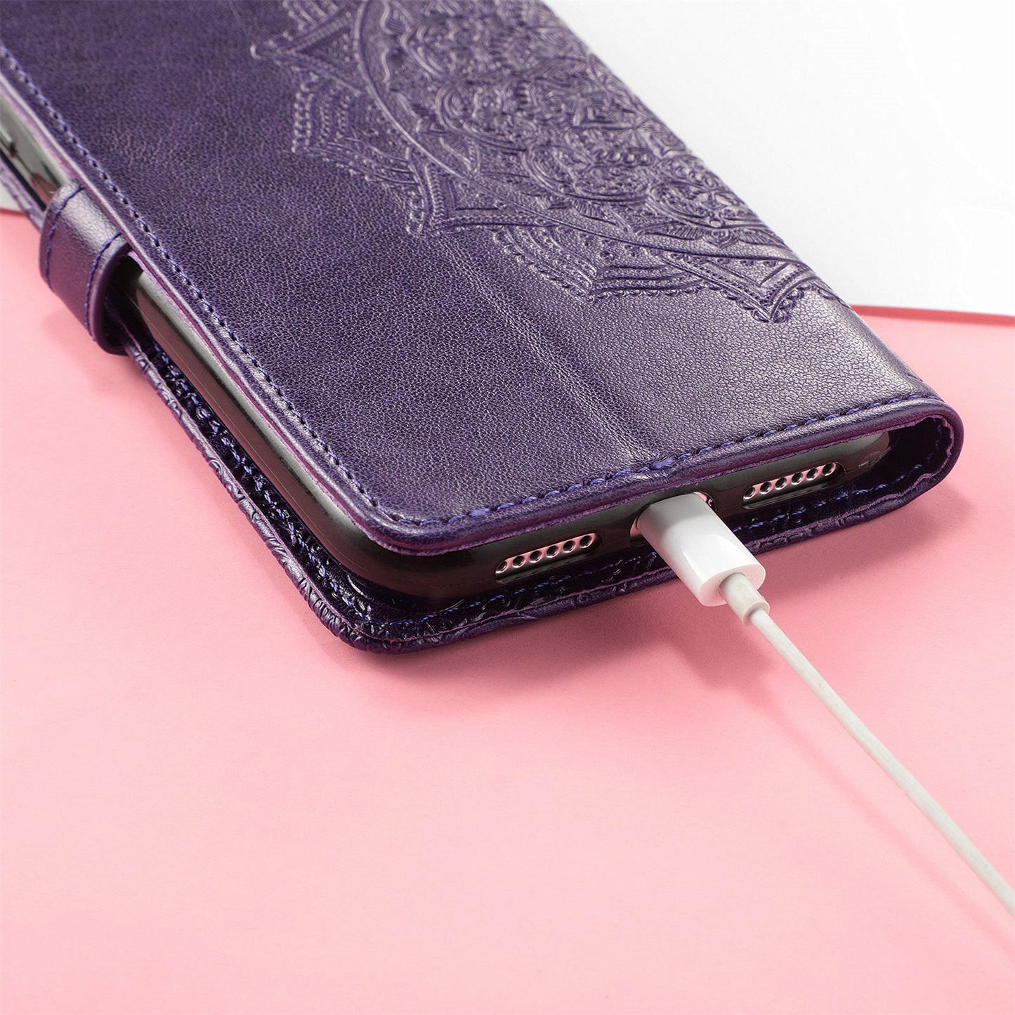 For iPhone 16e Wallet Case Mandala Flower Leather Phone Cover Stand - Purple