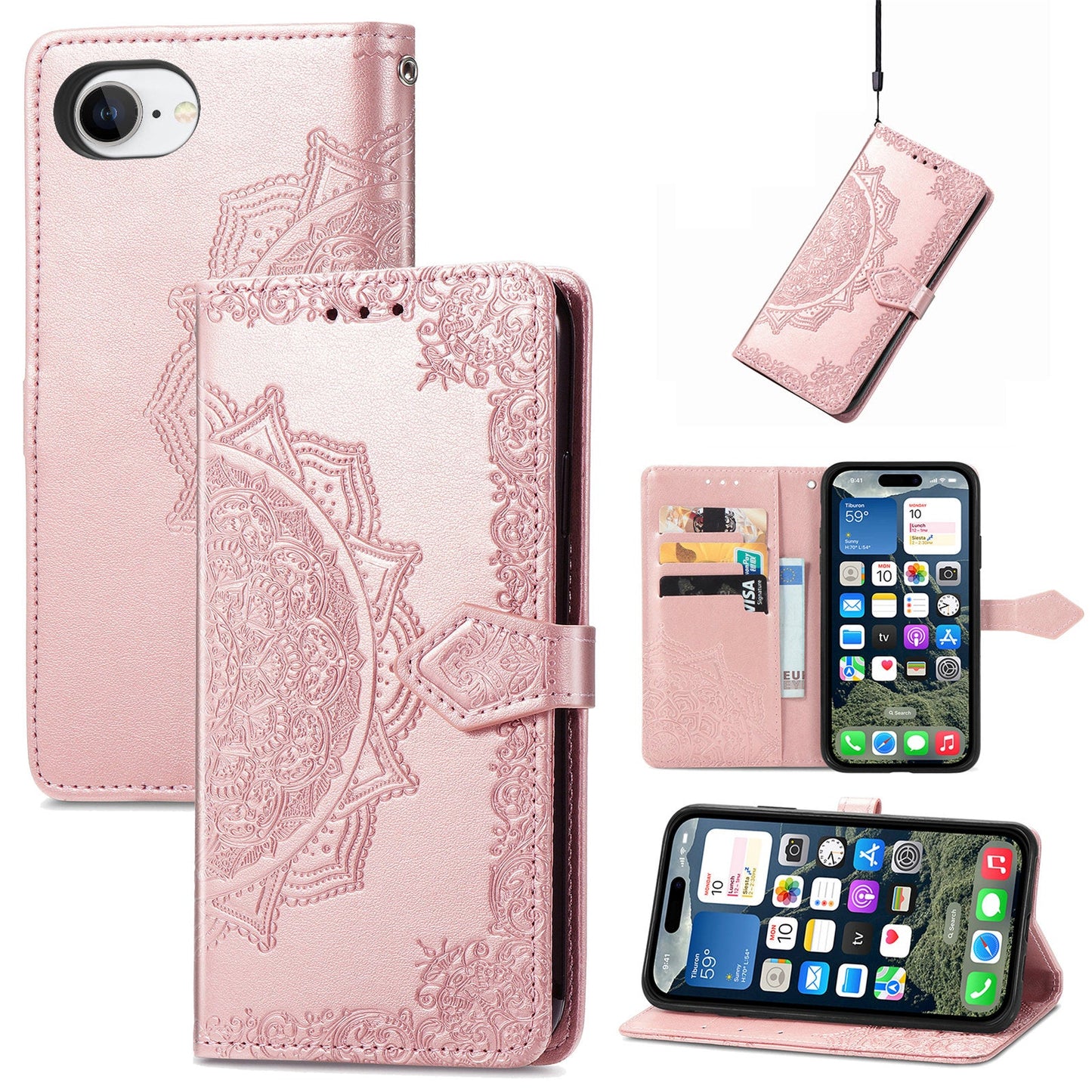 For iPhone 16e Wallet Case Mandala Flower Leather Phone Cover Stand - Rose Gold