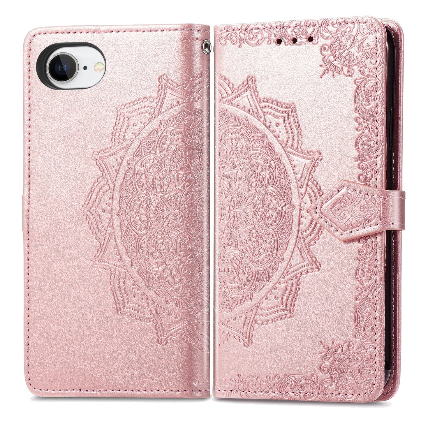 For iPhone 16e Wallet Case Mandala Flower Leather Phone Cover Stand - Rose Gold