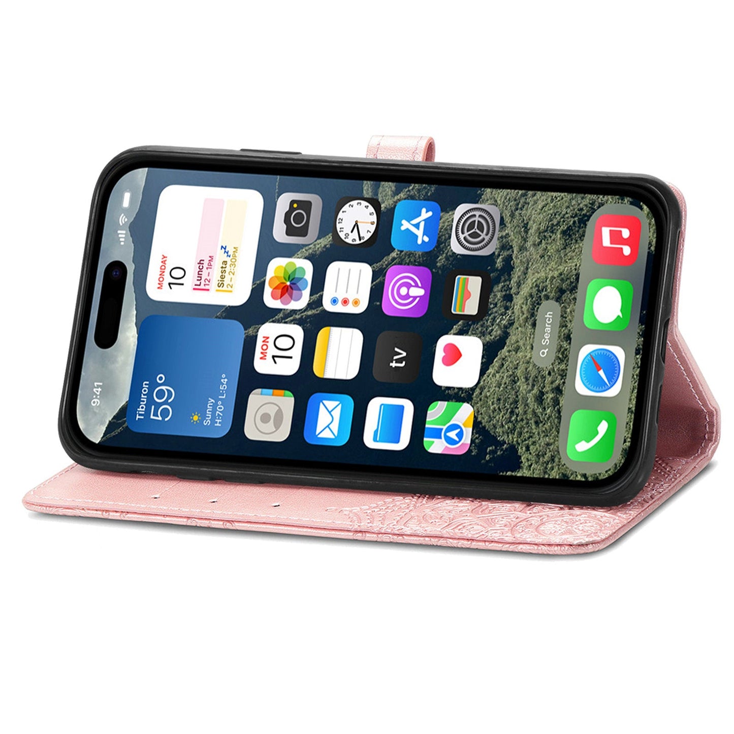 For iPhone 16e Wallet Case Mandala Flower Leather Phone Cover Stand - Rose Gold