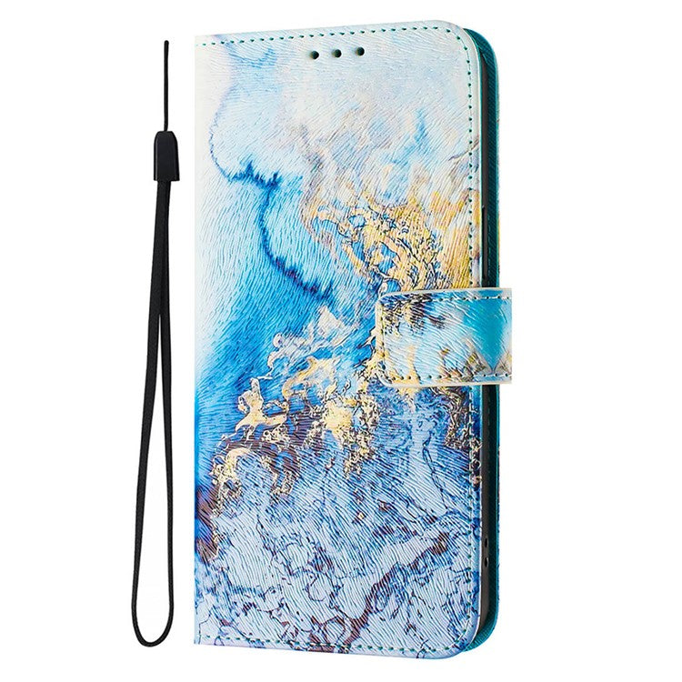 ENKAY Hat-Prince For iPhone 16e Leather Case Pattern Printing Card Slot Stand Phone Cover with Lanyard - Ocean Marble